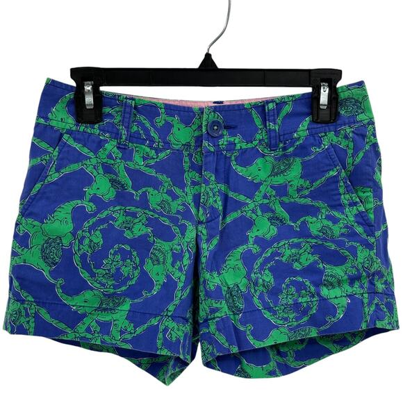 Lilly Pulitzer Blue Cotton Green Elephant Callahan Shorts - Picture 3 of 10